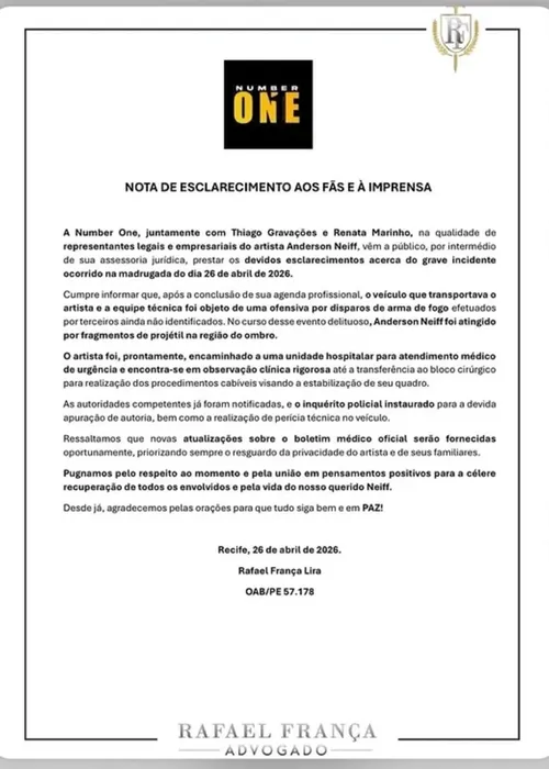 
					Equipe de Anderson Neiff se manifesta após cantor ser baleado em SP
				
				