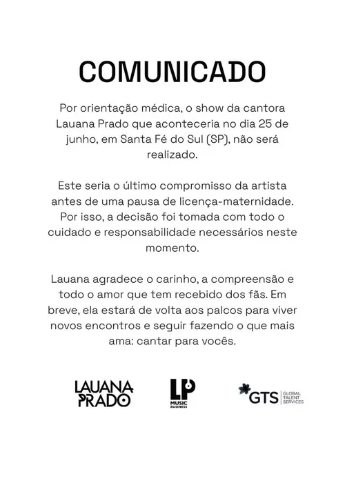 
					Grávida de 8 meses, Lauana Prado cancela último show antes de licença
				
				