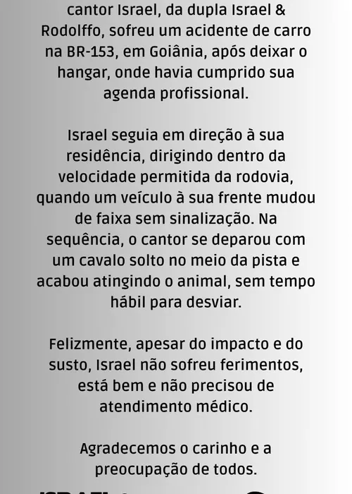
					Israel, da dupla com Rodolffo, sofre acidente de carro; saiba estado
				
				