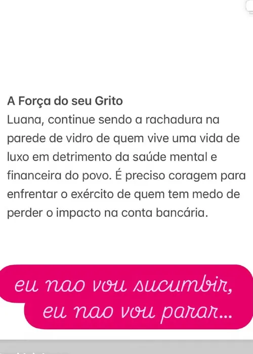 
					Luana Piovani reage após ameaça de Virginia Fonseca: 'Não vou parar'
				
				