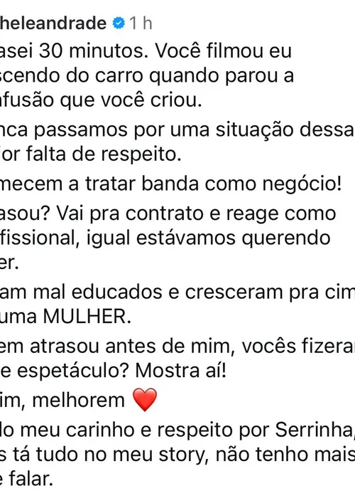 
					Michele Andrade se revolta após vídeos de atraso na Bahia virem à tona
				
				
