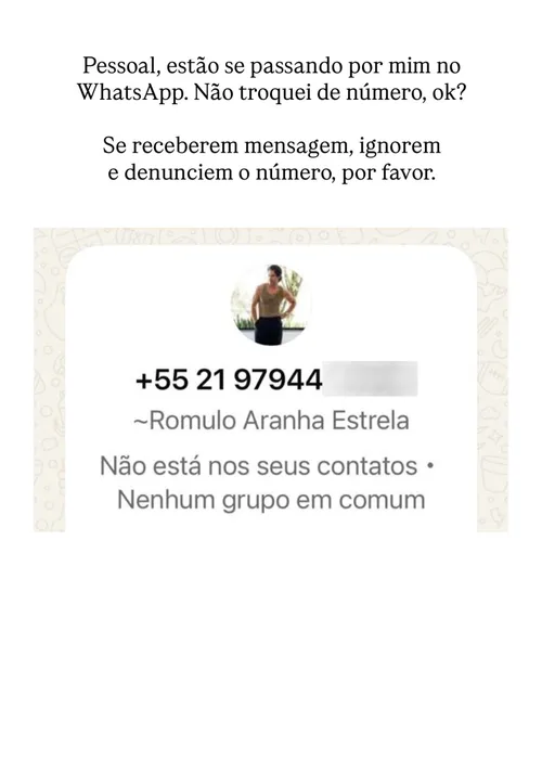 
					Romulo Estrela faz alerta após se tornar vítima de golpe
				
				