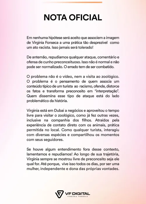 
					Virginia se pronuncia após ser acusada de incitar racismo contra Vini
				
				