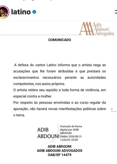
					Latino quebra o silêncio e rebate acusações de agressão da ex-mulher
				
				
