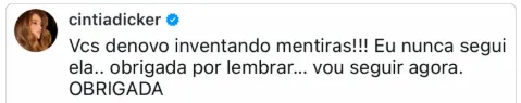 
					Cintia Dicker surpreende após acusação de rompimento com Boca Rosa
				
				