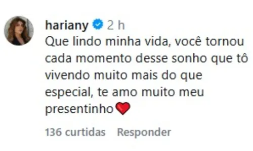 
					Ex-BBB Hariany Almeida ganha declaração amorosa do irmão de Anitta; 'Me faz feliz demais'
				
				