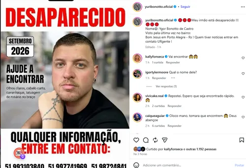 
					Irmão de Yuri Bonotto desaparece e ex-A Fazenda faz apelo urgente
				
				
