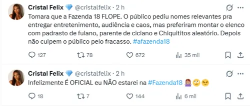 
					Rosiane Pinheiro solta o verbo após Cristal Félix detonar A Fazenda 18
				
				