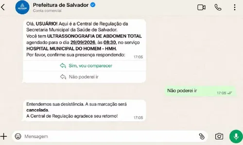 
					Secretaria de Saúde passa a confirmar consultas pelo WhatsApp
				
				