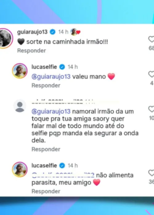 
					Lucas Selfie alfineta Saory após demissão da Record: 'Parasita'
				
				
