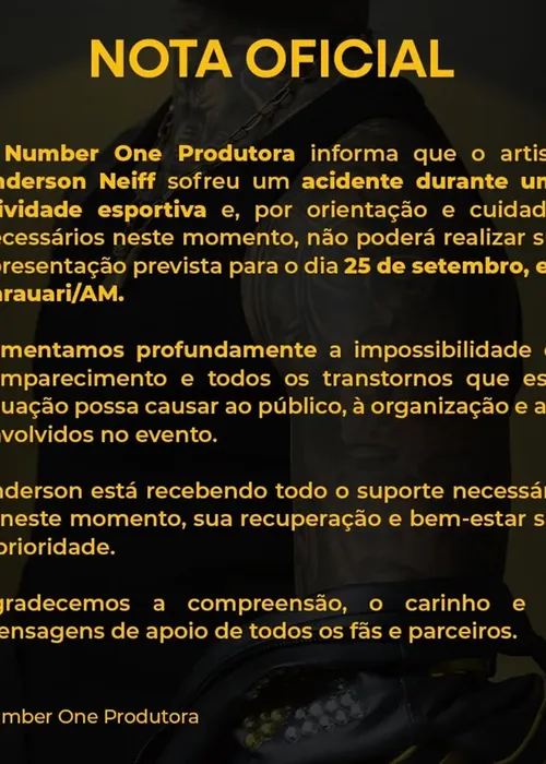
					Anderson Neiff sofre acidente, cancela show e passa por susto meses após ser baleado
				
				
