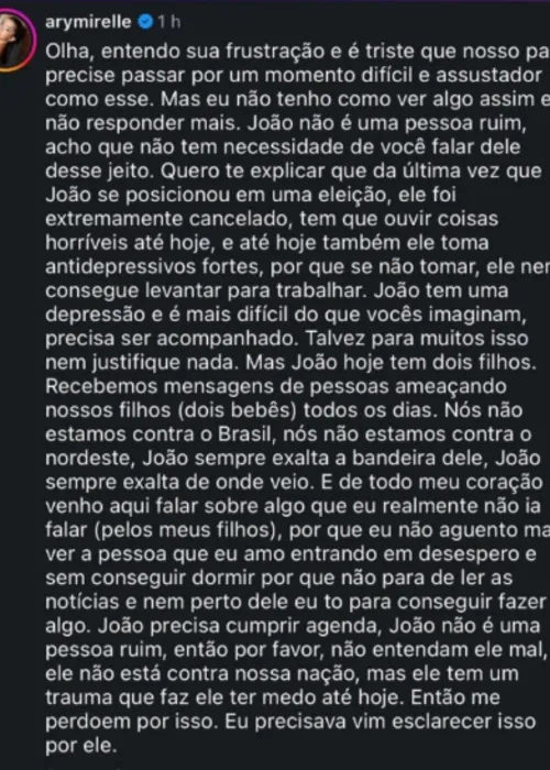 
					Ary Mirelle revela depressão de João Gomes após trauma e ameaças aos filhos: 'Todos os dias'
				
				