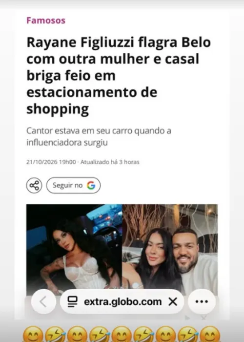 
					Término de Gracyanne Barbosa vem à tona após Rayane Figliuzzi flagrar Belo com outra mulher e garrafa voar em estacionamento
				
				