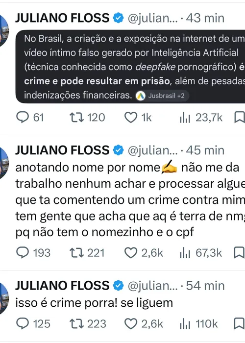 
					Juliano Floss se revolta e faz ameaça após vídeo de sexo com Jonas Sulzbach feito com IA viralizar: 'Se liguem'
				
				