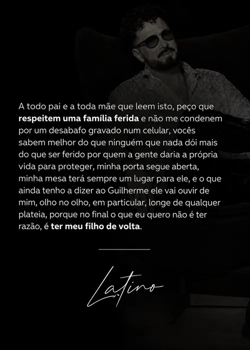 
					Latino se defende de acusação de pedofilia feita pelo filho e revela desejo: 'Longe de plateia'
				
				