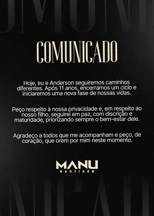 
					Manu Bahtidão anuncia separação após 11 anos de casamento; relação começou com traição dupla
				
				