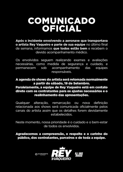 
					Rey Vaqueiro tem quadro de saúde atualizado após acidente em avião
				
				