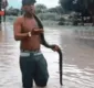 
                  Jovem encontra sucuri em alagamento e coloca animal no pescoço