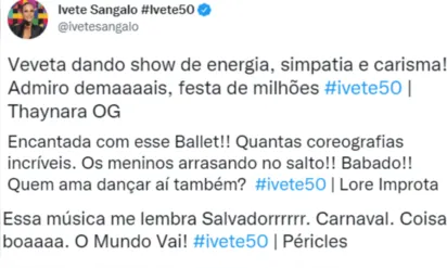 
		Lore Improta, Péricles e Thaynara OG comandam rede social de Ivete Sangalo durante show especial de 50 anos