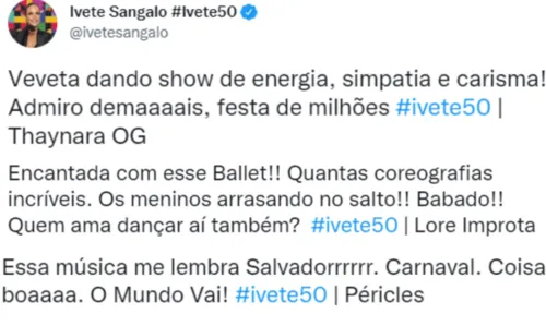 
				
					Lore Improta, Péricles e Thaynara OG comandam rede social de Ivete Sangalo durante show especial de 50 anos
				
				