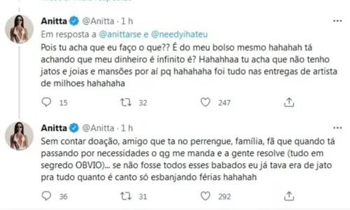 
				
					Anitta entrega motivo de não ter jatinho e revela ajudar fãs e familiares: 'Tudo em segredo'
				
				