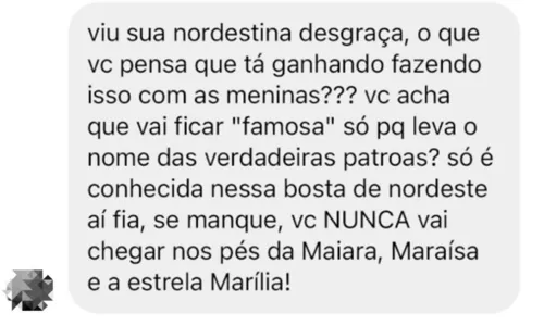 
				
					'Não quero ser a nova Marília', diz cantora baiana que processa Maiara e Maraisa pelo uso da marca 'Patroas'
				
				