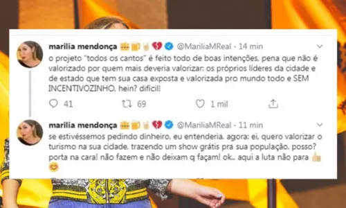 
				
					Marília Mendonça denunciou falta de apoio público em projeto gratuito que rodou o Brasil: 'Porta na cara'
				
				