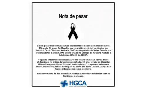 
				
					Morre aos 74 anos Heraldo Miranda, ex-prefeito de Baixa Grande, na BA; festas juninas são canceladas na cidade
				
				