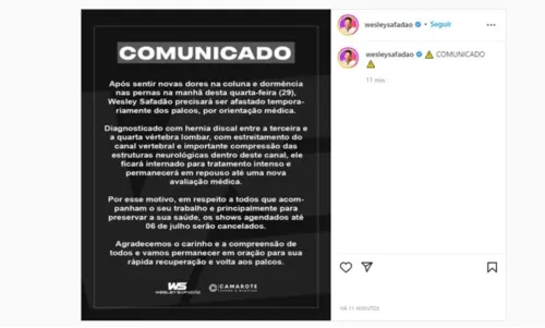 
				
					Hérnia de disco: entenda a doença que fez Wesley Safadão cancelar shows
				
				