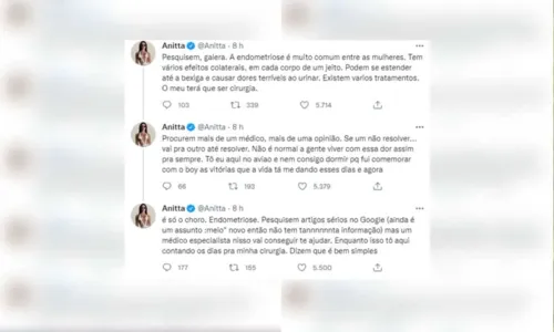 
				
					Anitta revela que fará cirurgia após descobrir doença ao sentir dores depois do sexo: 'É só choro'
				
				