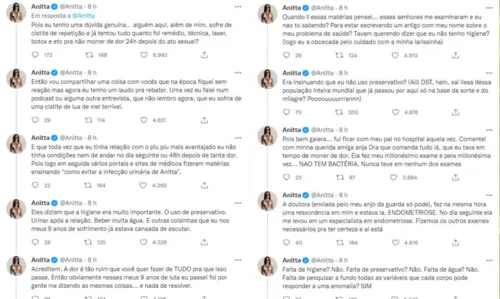 
				
					Anitta revela que fará cirurgia após descobrir doença ao sentir dores depois do sexo: 'É só choro'
				
				