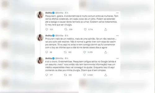 
				
					Anitta revela que fará cirurgia após descobrir doença ao sentir dores depois do sexo: 'É só choro'
				
				