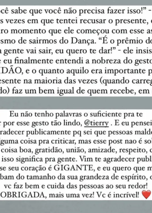 
				
					Não ganhou, mas levou: Tierry dá carro de presente para professora do 'Dança dos Famosos'
				
				