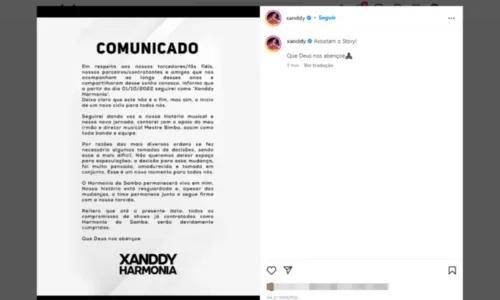 
				
					Xanddy anuncia carreira solo: 'O Harmonia do Samba permanecerá vivo em mim'
				
				