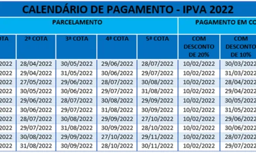 
				
					Prazos de pagamento do IPVA para placas de finais 5 e 6 acabam neste mês; veja calendário
				
				