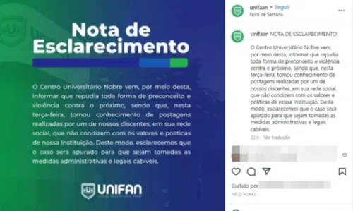 
				
					Estudante de direito é expulsa de faculdade particular após publicação racista em rede social
				
				