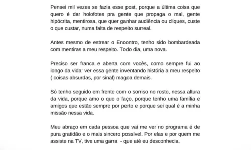 
				
					Patrícia Poeta desabafa após críticas na web e rumores de briga com Manoel Soares: 'Chega!'
				
				