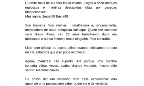 
				
					Patrícia Poeta desabafa após críticas na web e rumores de briga com Manoel Soares: 'Chega!'
				
				