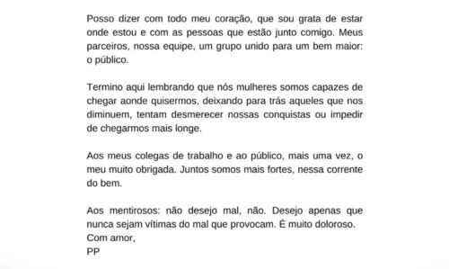 
				
					Patrícia Poeta desabafa após críticas na web e rumores de briga com Manoel Soares: 'Chega!'
				
				