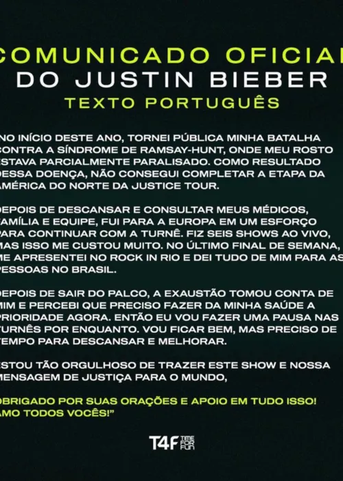 
				
					Após apresentação no Rock in Rio, Justin Bieber cancela turnê e shows em São Paulo
				
				