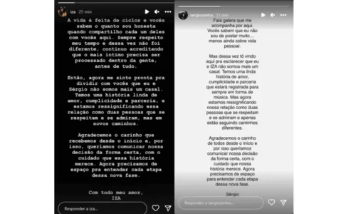 
				
					Iza anuncia fim do casamento com Sérgio Santos: 'Não somos mais um casal'
				
				