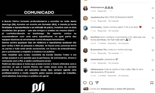 
				
					Márcio Victor se pronuncia sobre briga generalizada entre integrantes do Psirico e Samba Trator: 'Cena injustificável'
				
				