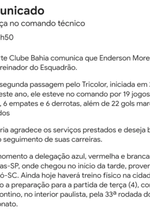 
				
					Esporte Clube Bahia anuncia saída do treinador Enderson Moreira; veja comunicado
				
				