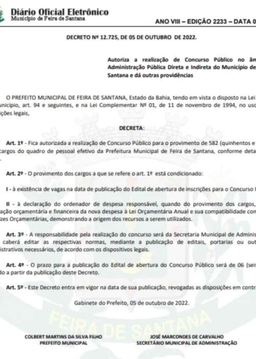 
				
					Prefeitura de Feira de Santana autoriza abertura de mais de 580 vagas de emprego; entenda
				
				