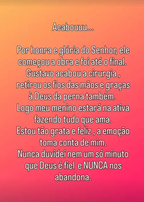 
				
					Mãe de Gustavo Corasini fala sobre estado de saúde do ator após nova cirurgia: 'Logo estará na ativa'
				
				