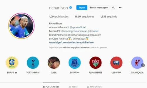 
				
					Após ser destaque na estreia do Brasil na Copa, Richarlison ganha quase 4 milhões de seguidores
				
				