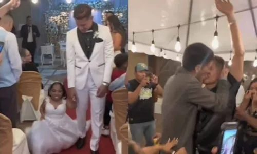 
				
					Noivo é beijado por convidado na frente da mulher em casamento e vídeo viraliza na web: ‘Arruinaram’
				
				