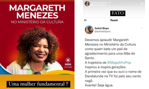 
				
					Ivete Sangalo comemora convite para Margareth Menezes assumir Ministério da Cultura: 'Mulher fundamental'
				
				