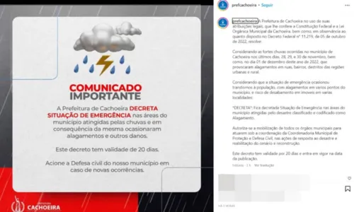 
				
					Prefeitura de Cachoeira decreta situação de emergência por causa da chuva
				
				