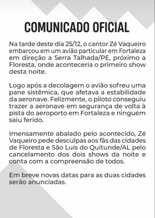 
				
					Avião em que Zé Vaqueiro viajava sofre pane e cantor cancela shows após susto
				
				